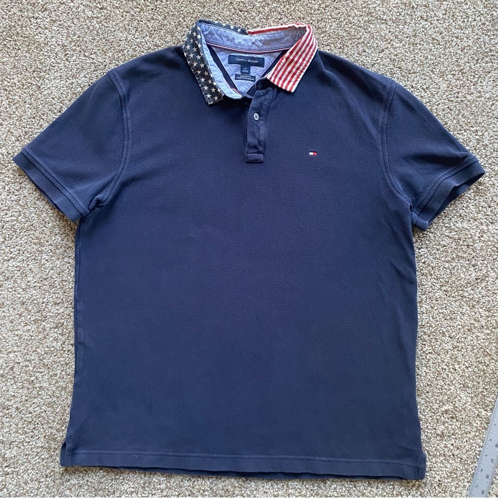 Tommy Hilfiger Navy with USA Flag Collar Large Custom Fit Polo Shirt